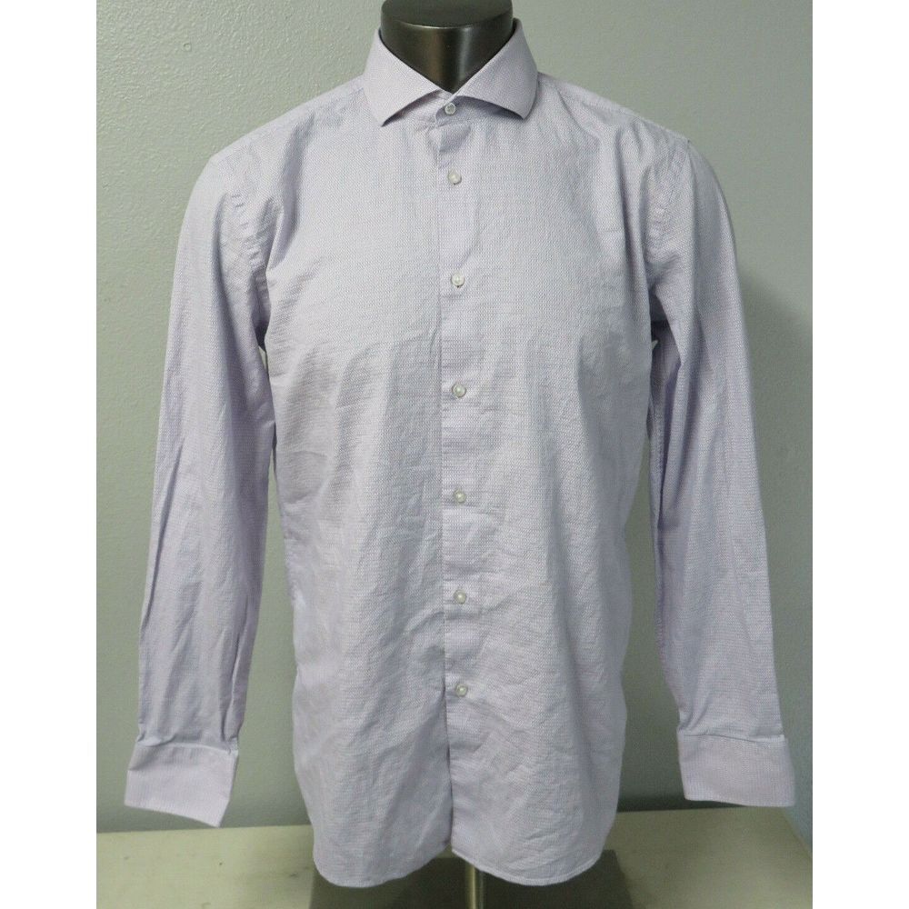Hugo Boss Button Front Dress Shirt Purple Blue White Size 17 Slim Fit Jason US